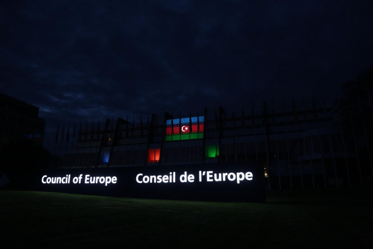 Headquarters of Council of Europe lightened with colors of Azerbaijani flag