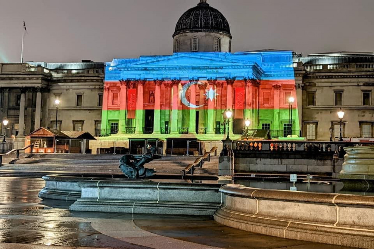 Azerbaijani flag and Kharibulbul symbols projected in central streets of London