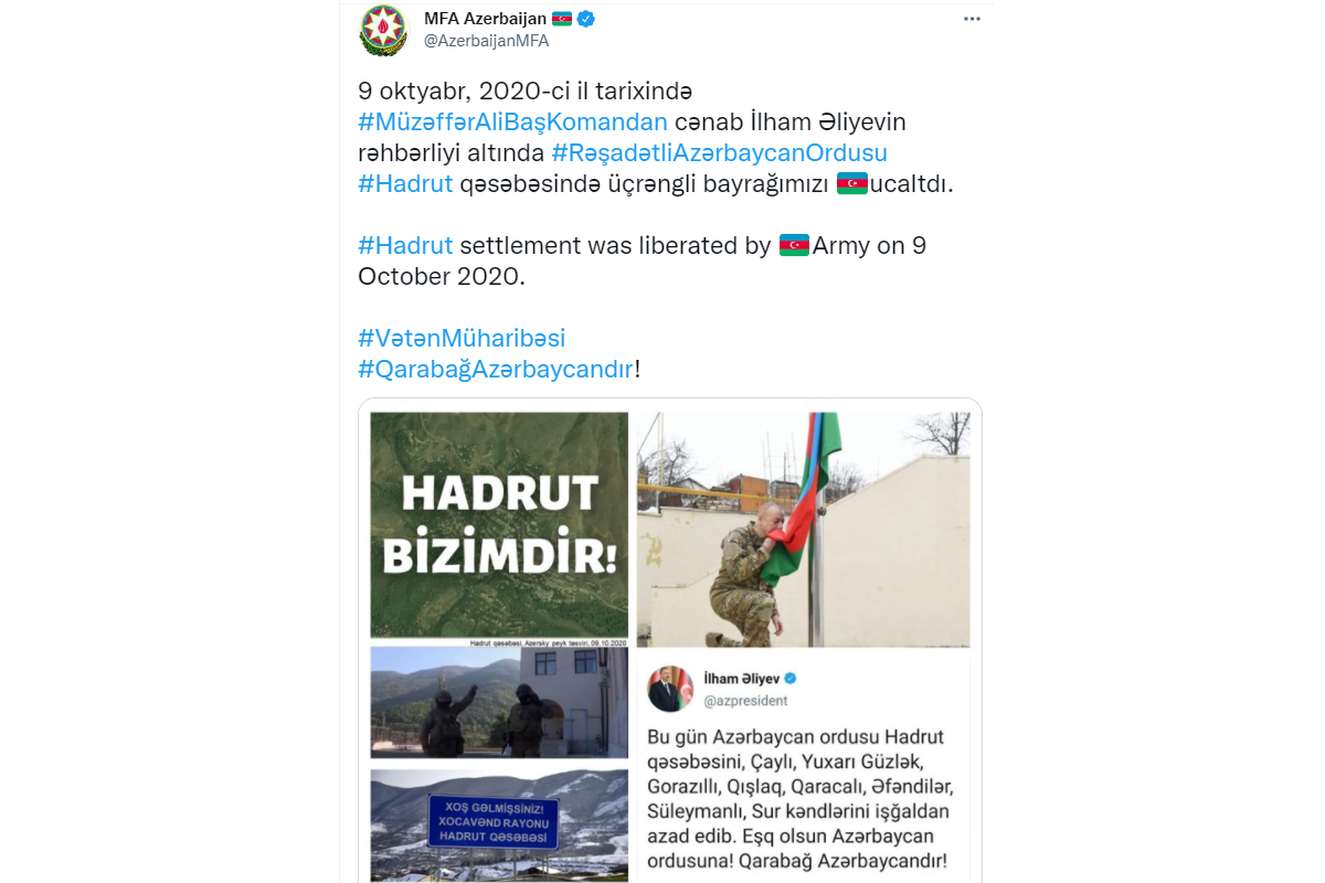 XİN Hadrutun işğaldan azad olunmasının ildönümü ilə bağlı paylaşım edib