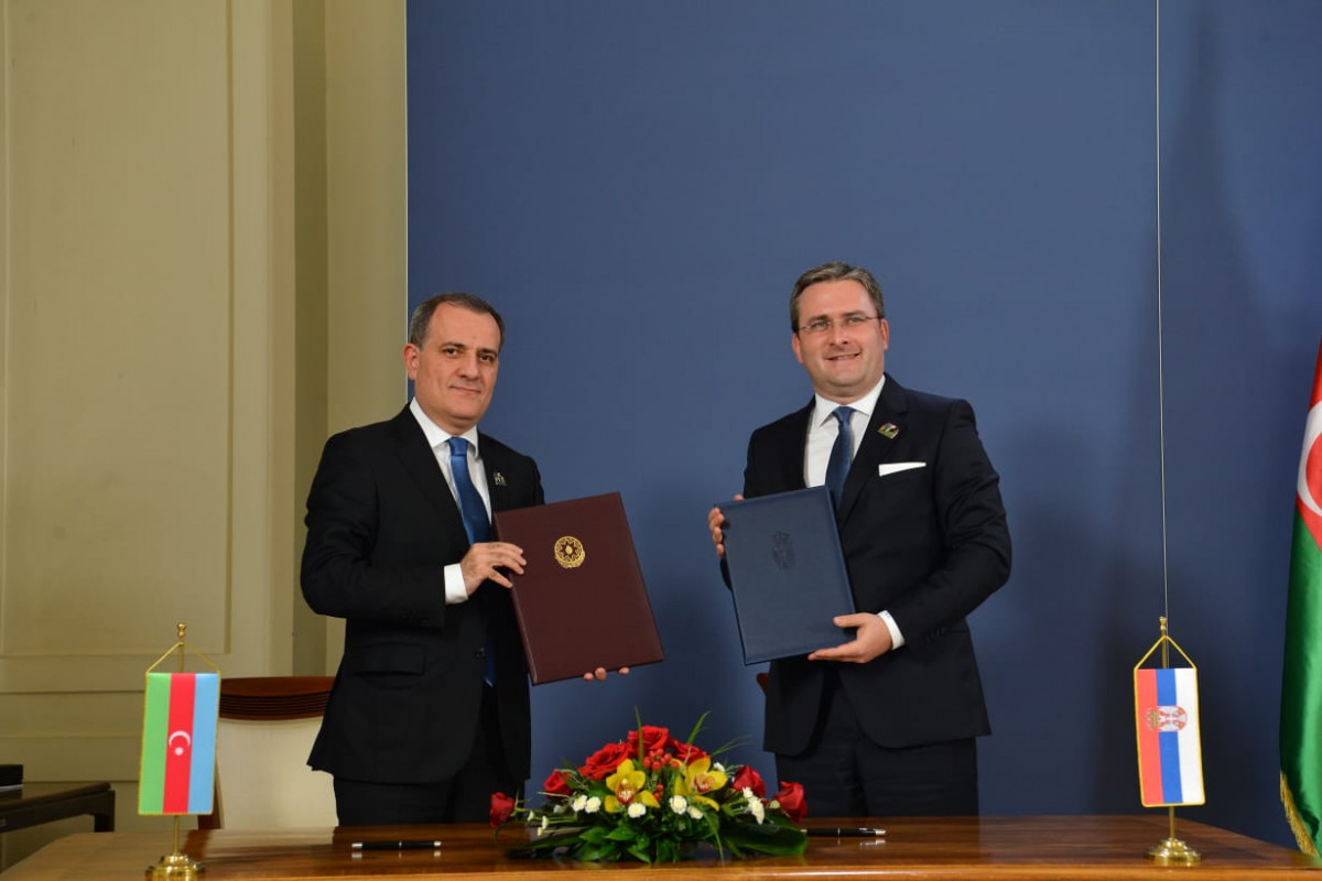 Foreign Minister of Azerbaijan Jeyhun Bayramov and Serbian Foreign Minister Nikola Selakovic