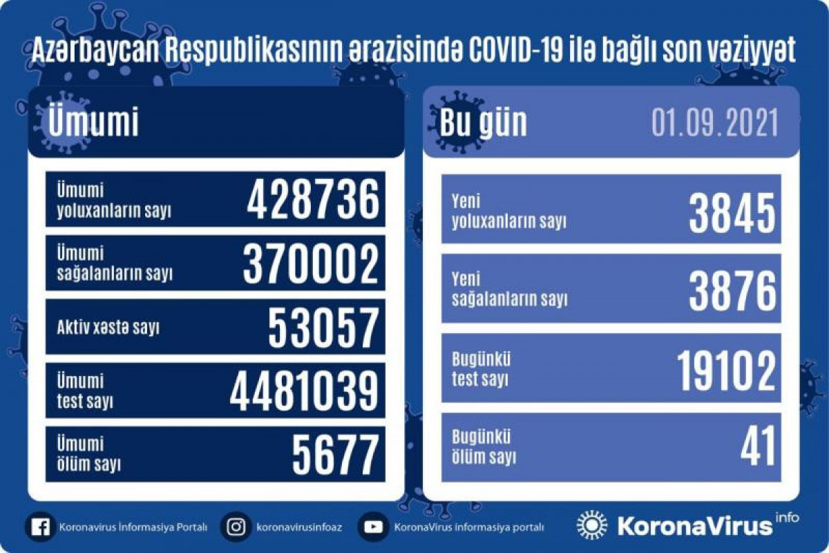 В Азербайджане за сутки выявлено 3 845 случаев заражения COVID-19, вылечились 3 876 человек, скончался 41 человек