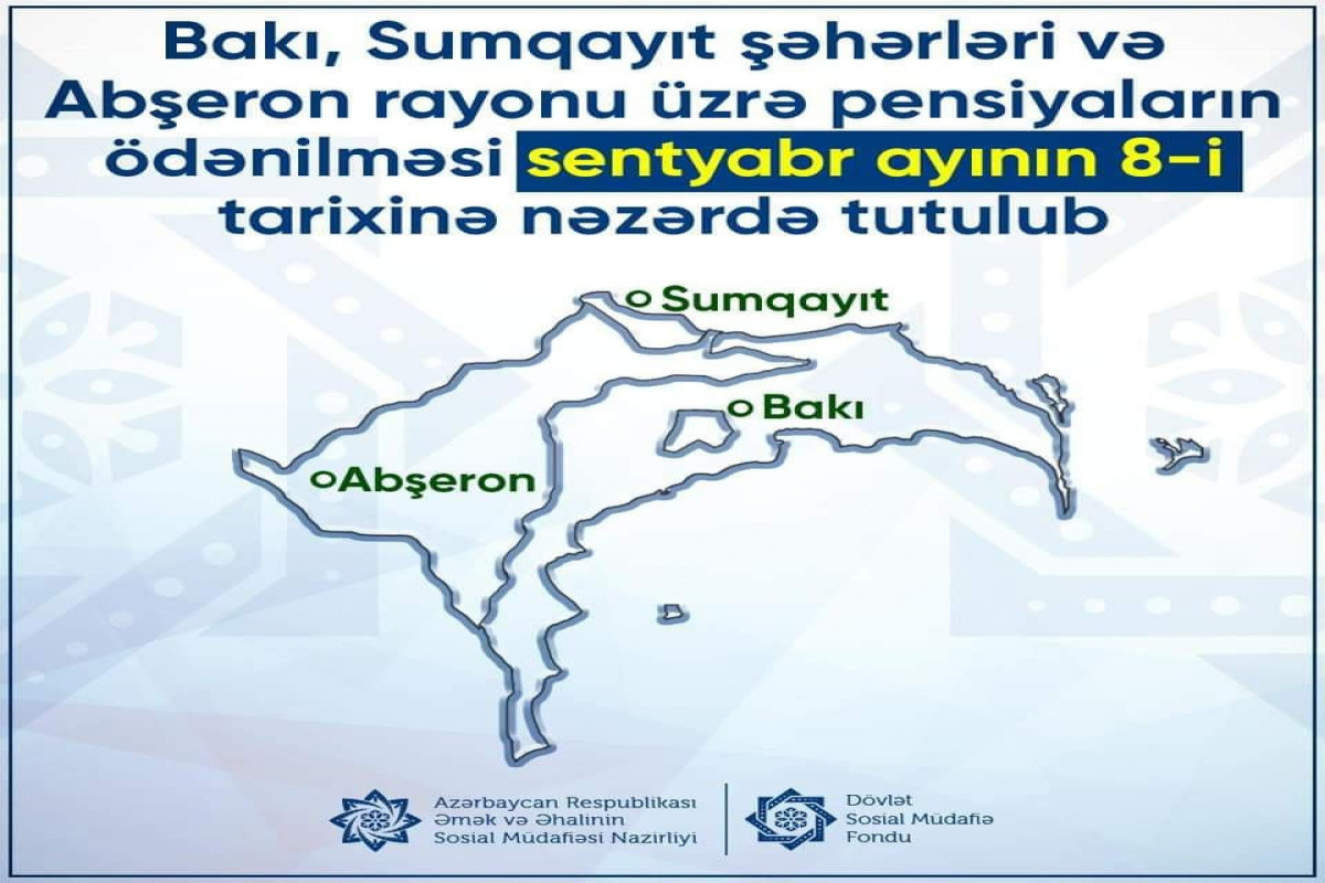 Bakı, Sumqayıt və Abşeron üzrə pensiyalar sentyabrın 8-də ödəniləcək