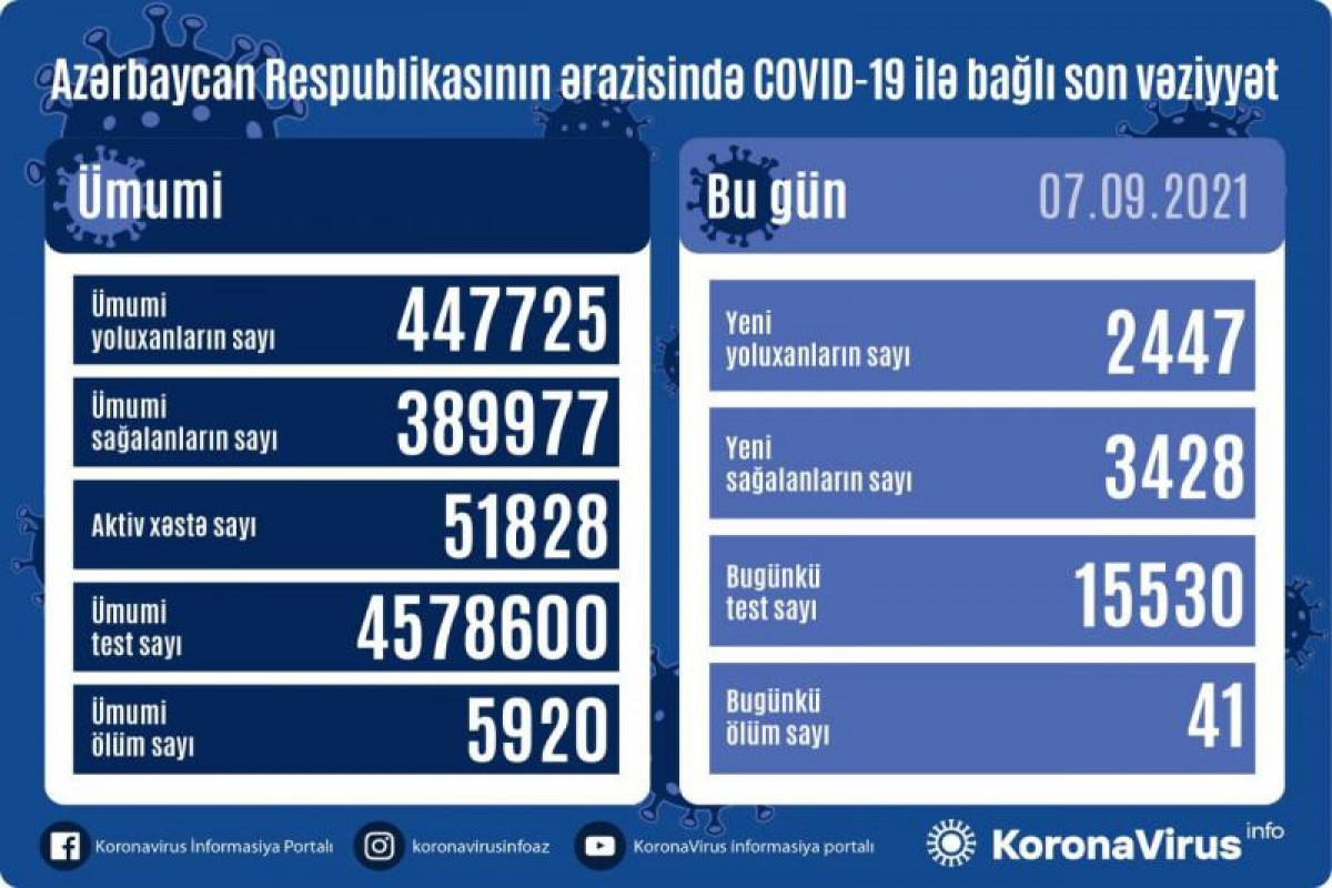 В Азербайджане за сутки выявлено 2 447 случаев заражения COVID-19, вылечились 3 428 человек, скончался 41 человек