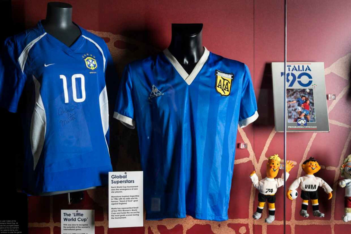 The soccer shirt, center, worn by Argentina's Diego Maradona in the 1986 World Cup quarterfinal against England