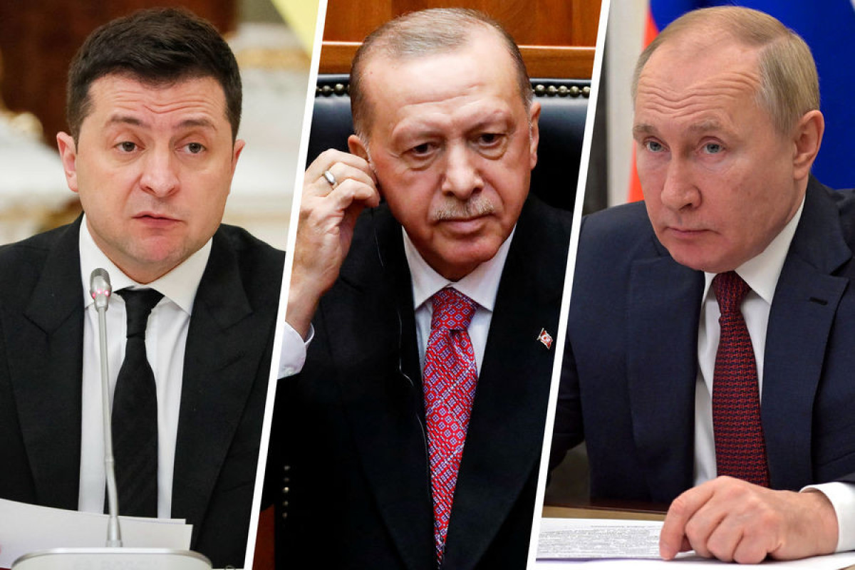 Volodymyr Zelensky, President of Ukraine, Recep Tayyip Erdogan, President of Turkiye and Vladimir Putin, President of Russia