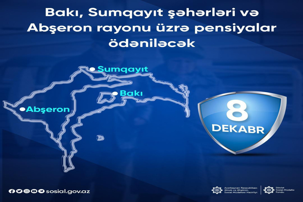 Dekabrın 8-də Bakı, Sumqayıt və Abşeron üzrə pensiyalar ödəniləcək