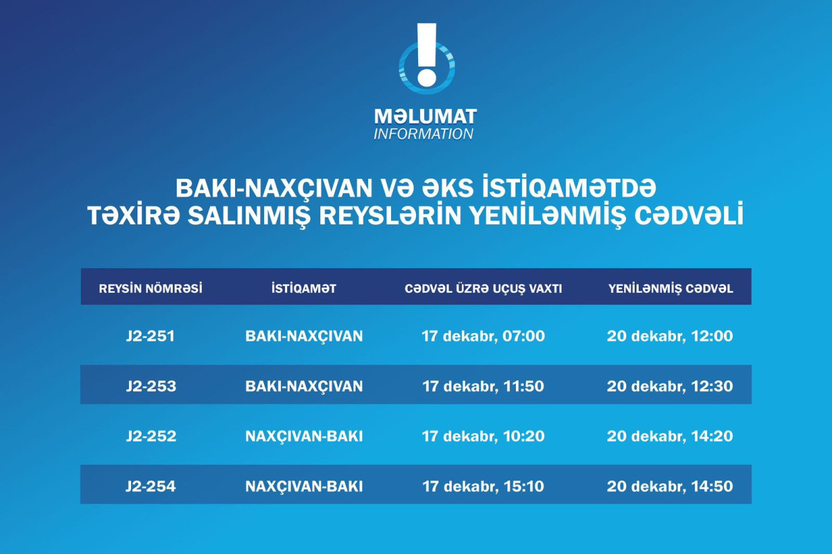AZAL unveils new schedule of postponed Nakhchivan flights