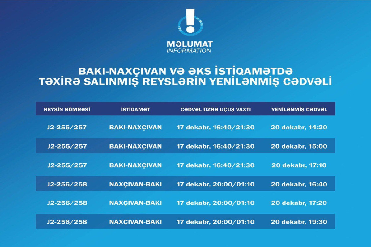 AZAL-ın təxirə salınmış Naxçıvan reyslərinin uçuş vaxtı məlum olub