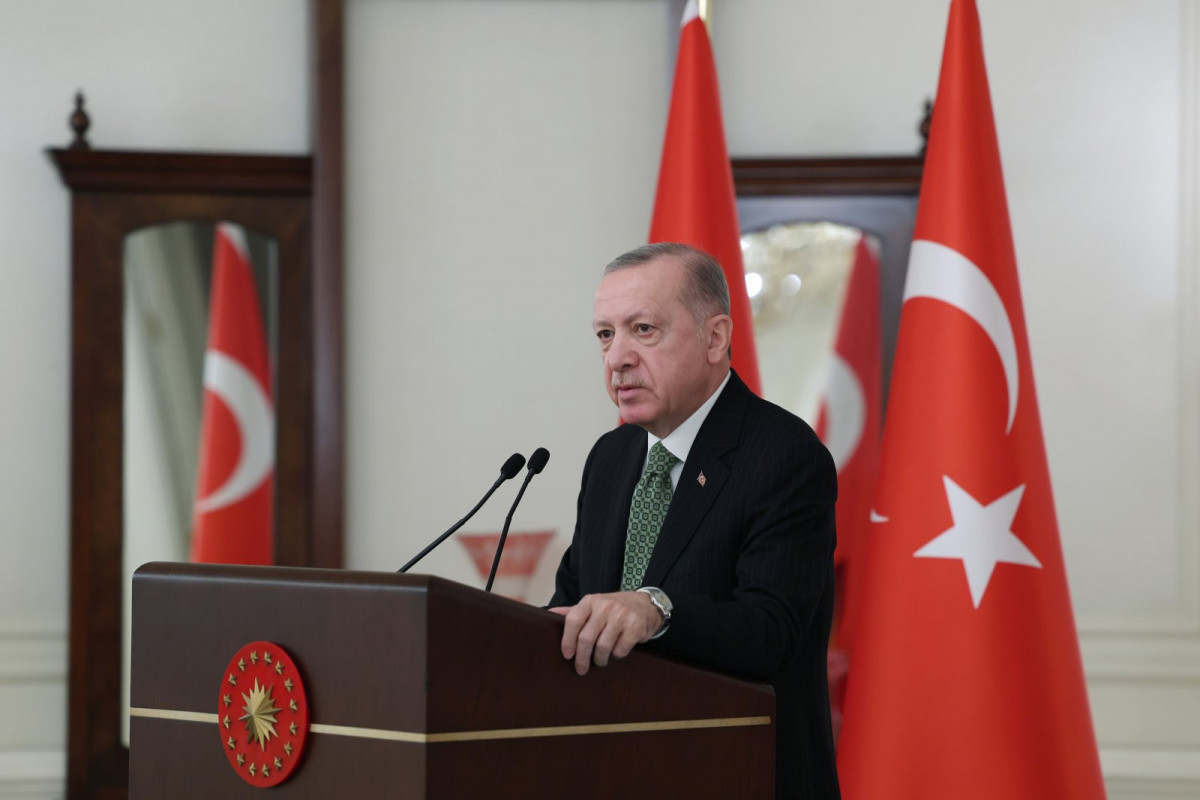 President Recep Tayyip Erdoğan delivers a speech during a meeting with European Union member states