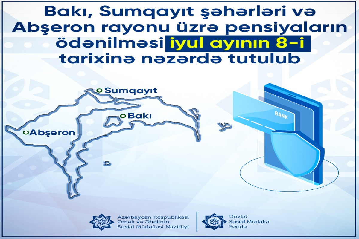 Bakı, Sumqayıt və Abşeron üzrə pensiyalar iyulun 8-də ödəniləcək