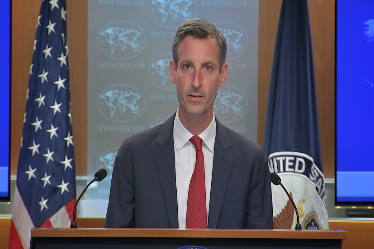 State Department spokesperson Ned Price speaks during a briefing on July 18
