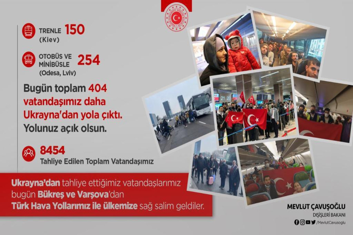 Türkiyə daha 404 vətəndaşını Ukraynadan təxliyə edir 