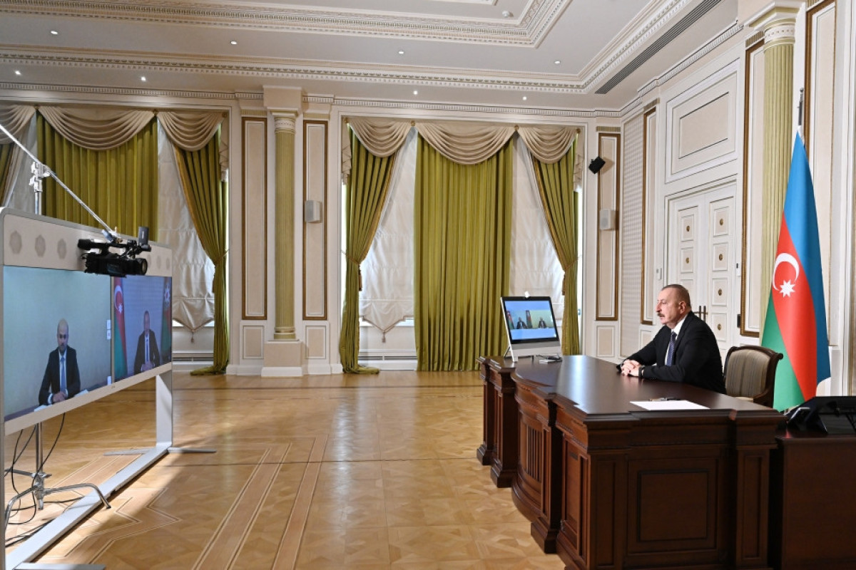 President of the Republic of Azerbaijan Ilham Aliyev as he received in a video format Vahid Hajiyev