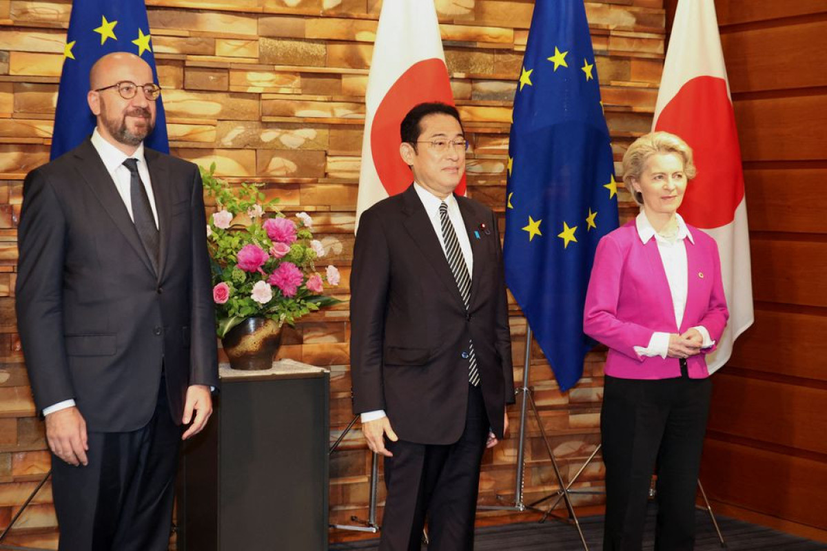 Ursula von der Leyen, European Commission President, t Charles Michel,  European Council President and Fumio Kishida, Japanese Prime Minister