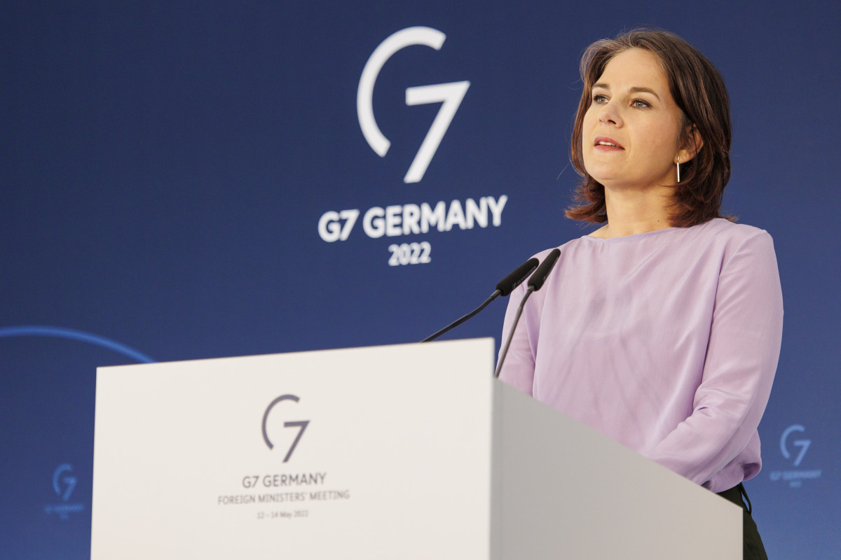 German Foreign Minister Annalena Baerbock speaks at a press conference after the G7 Foreign Ministers meeting in Berlin, on Saturday