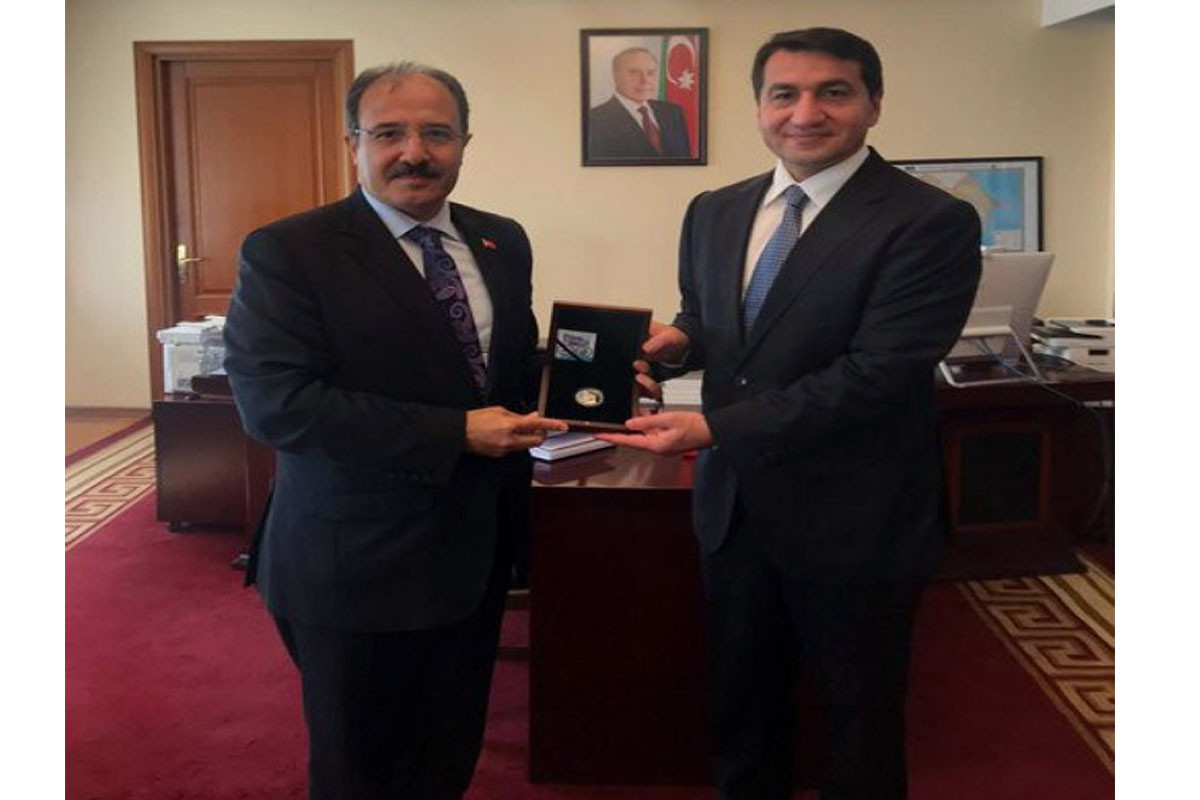 Ambassador of Turkiye Cahit Bagci and Hikmet Hajiyev, Assistant to the President of Azerbaijan - Head of the Department of Foreign Policy Affairs of the Presidential Administration