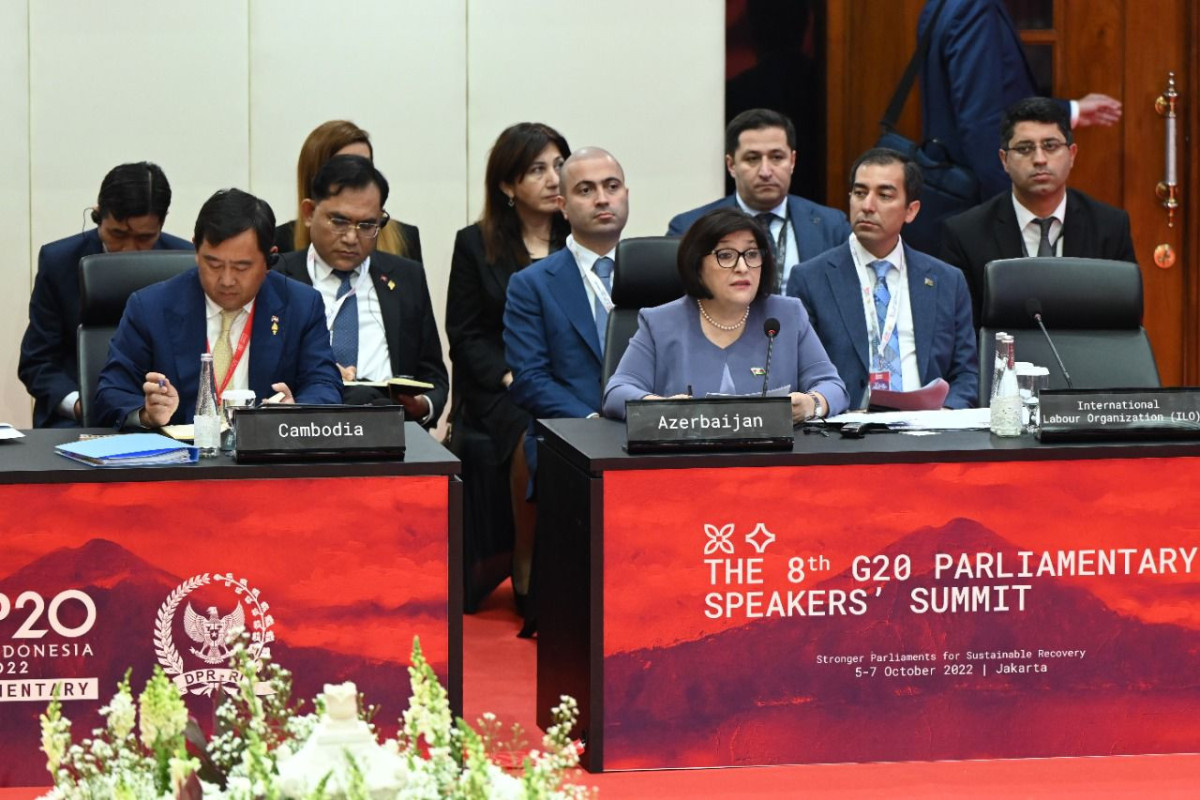 Mili Məclisin sədri Sahibə Qafarova, G20 Parlament Sədrlərinin 8-ci Sammitində çıxışı