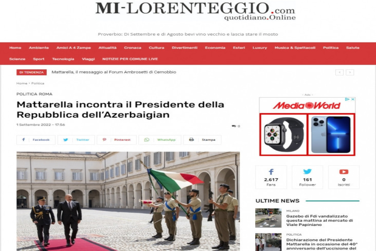 Визит Ильхама Алиева в Италию был в центре внимания прессы этой страны