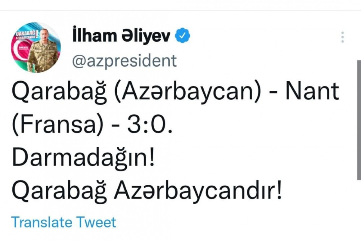 President Ilham Aliyev made post on Qarabag FC confident victory over French Nantes