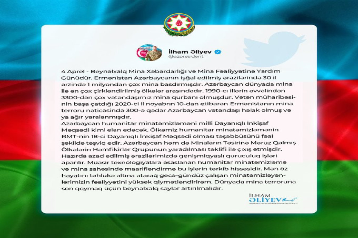 Prezident İlham Əliyev Beynəlxalq Mina Xəbərdarlığı Günü ilə bağlı paylaşım edib - FOTO 