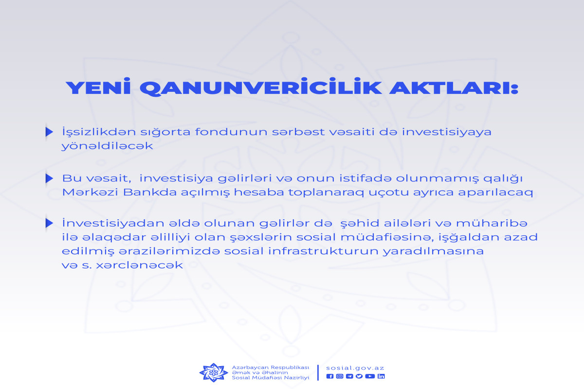 İşsizlikdən sığorta fondunun sərbəst vəsaiti də investisiyaya yönəldiləcək
