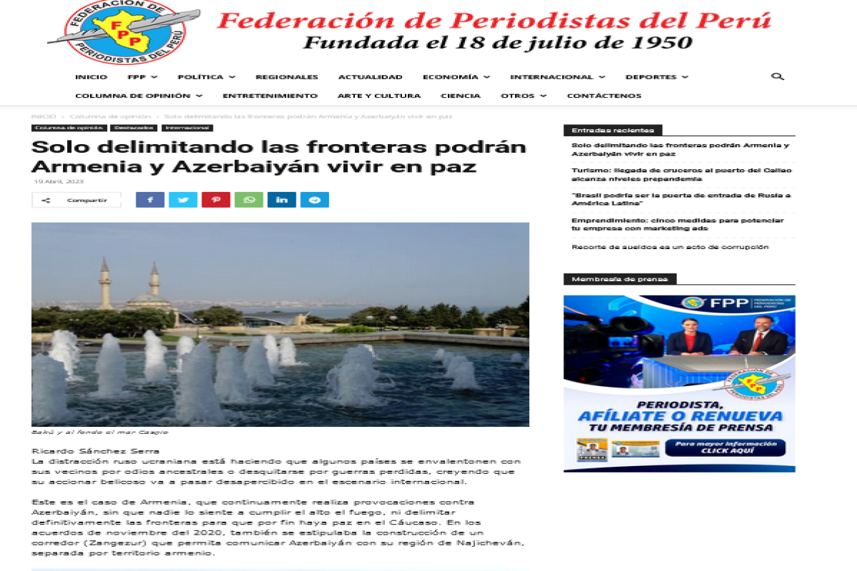 Peru mətbuatında Ermənistanın Azərbaycana qarşı son təxribat əməlləri pislənib