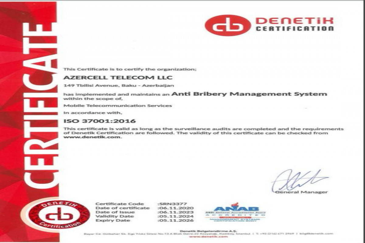 Azercell növbəti dəfə ISO 37001:2016 “Antikorrupsiya idarəetmə sistemi” standartları üzrə sertifikata layiq görülüb