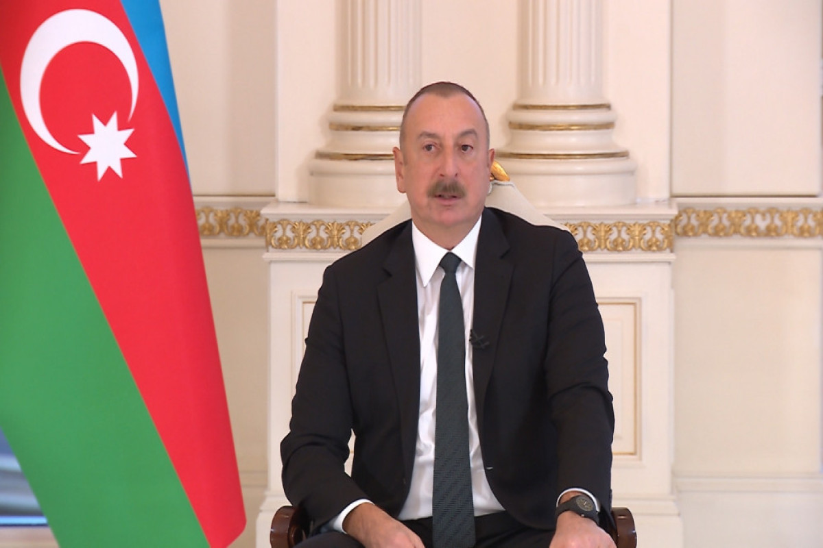 President of the Republic of Azerbaijan Ilham Aliyev is being interviewed by local TV channels