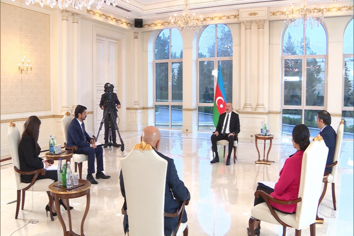 President of the Republic of Azerbaijan Ilham Aliyev is being interviewed by local TV channels