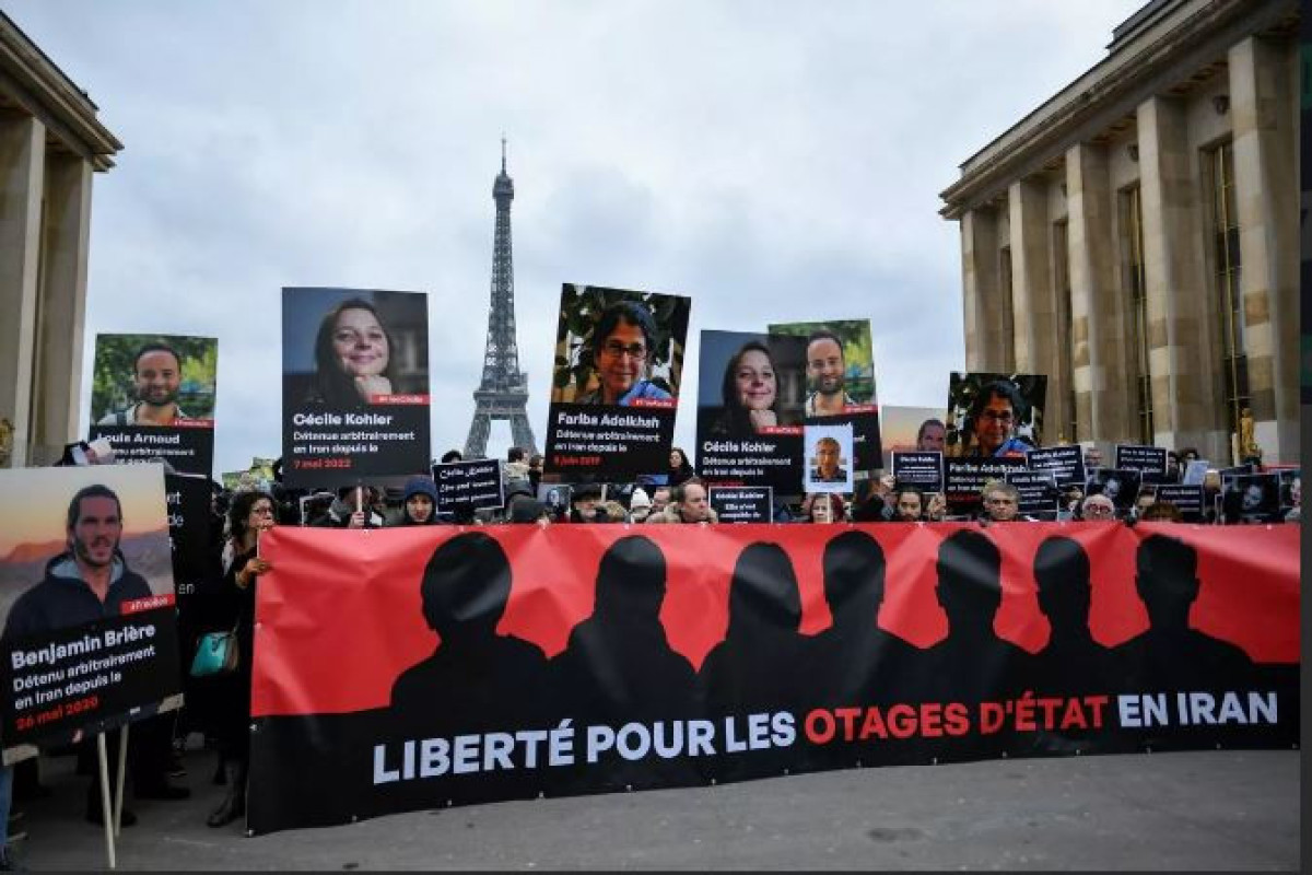 A demonstration in support of French detainees in Iran held in Paris