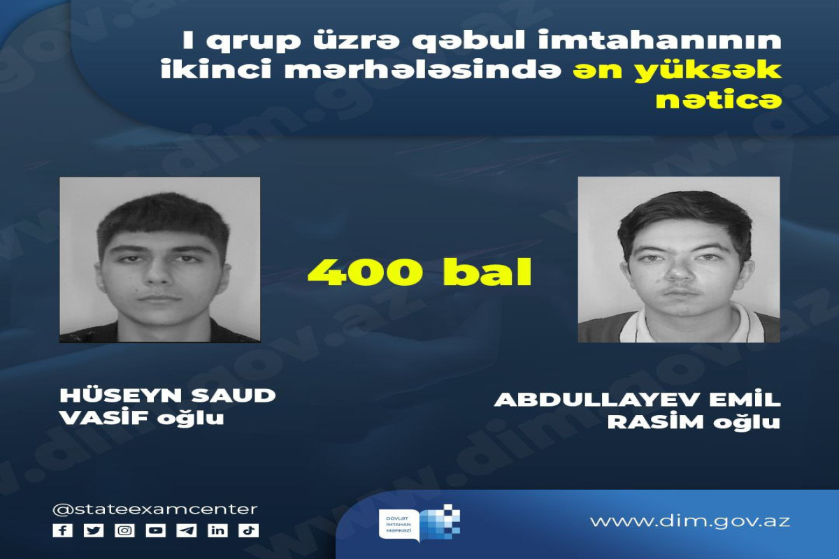 I qrupa qəbul imtahanında 2 nəfər maksimum bal toplayıb