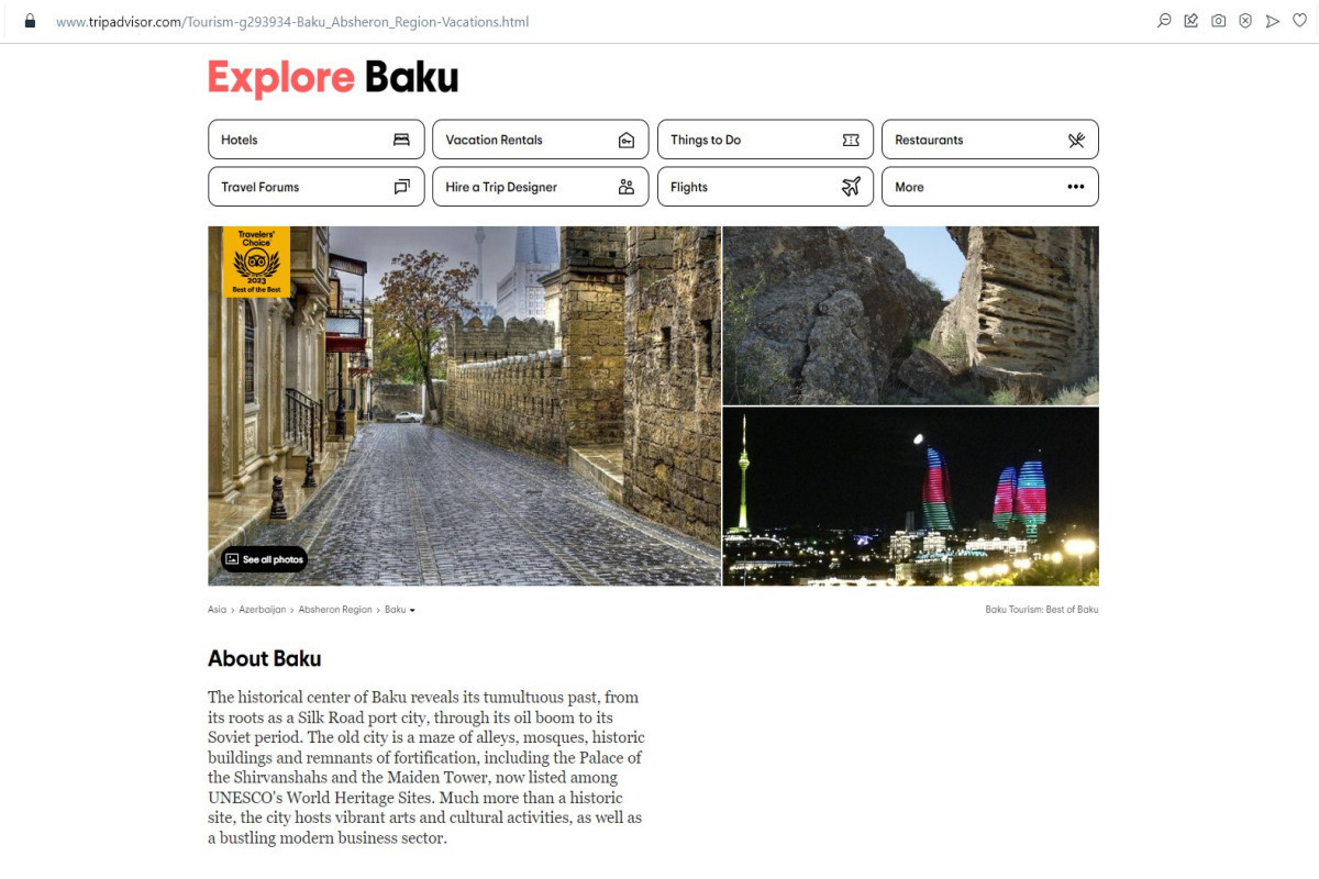 Баку внесен в список популярных мест мира