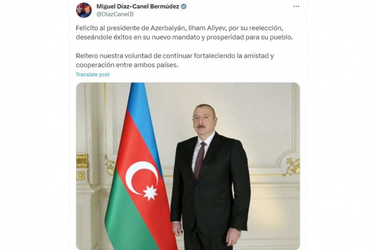 Kuba Prezidenti Migel Dias-Kanel Bermudes Prezident İlham Əliyevi seçkilərdə qələbəsi münasibətilə təbrik edib