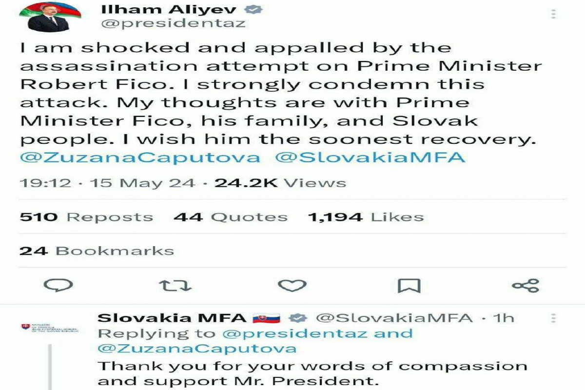 Slovakiya XİN Robert Fitso ilə bağlı paylaşımına görə Prezident İlham Əliyevə təşəkkür edib