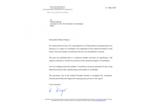 Almaniya Prezident Administrasiyası bu ölkənin Prezidentinin sosial media profilindəki postla bağlı Azərbaycana üzrxahlıq edib