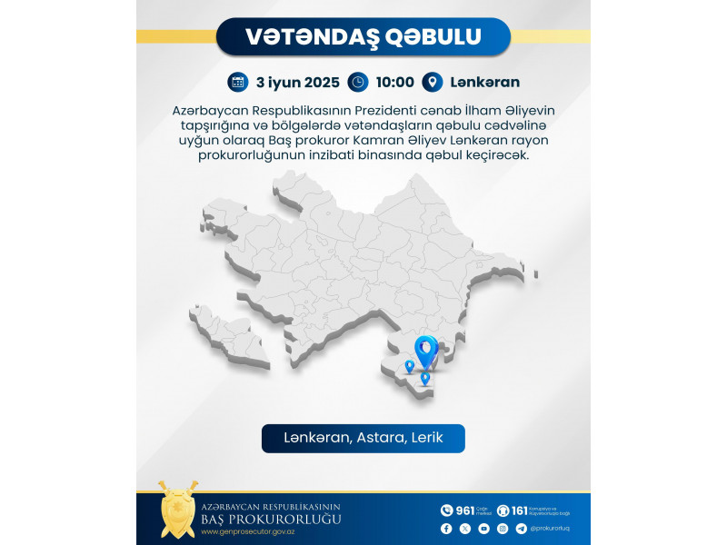 Baş prokuror Lənkəranda vətəndaşları qəbul edəcək