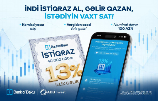"Bank of Baku" istiqrazlarını alın, illik 13% gəlir qazanın,  istədiyiniz vaxt satın