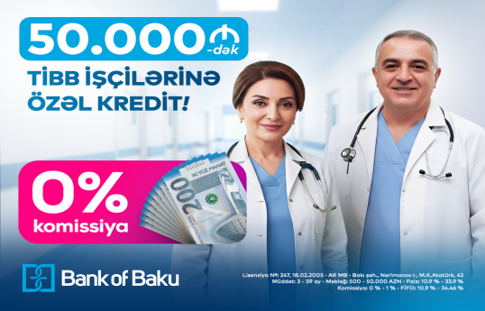 "Bank of Baku"dan tibb işçiləri üçün 50 000 AZN-dək KOMİSSİYASIZ kredit
