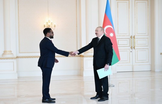 Somali Federativ Respublikasının Azərbaycandakı səfiri Abdinur Dahir Fidou və Azərbaycan Respublikasının Prezidenti İlham Əliyev
