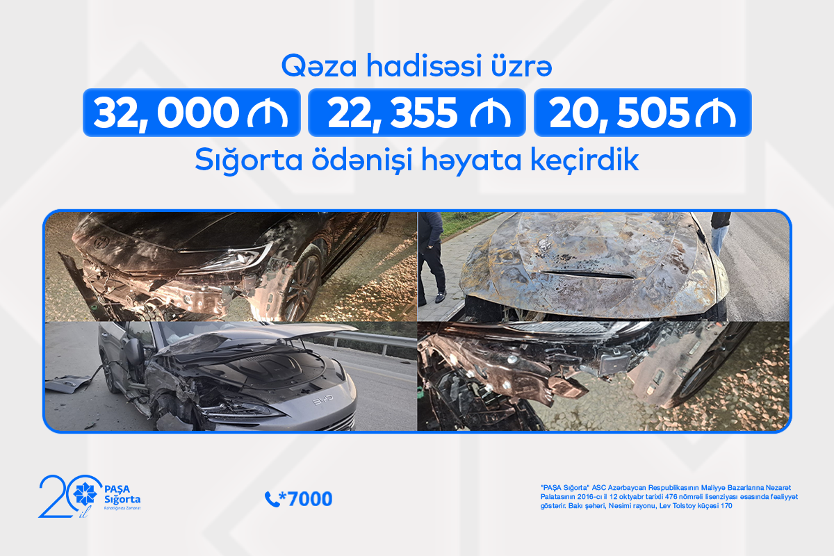 “PAŞA Sığorta” 3 avtomobil hadisəsi üzrə 74 min manatdan çox ödəniş edib
