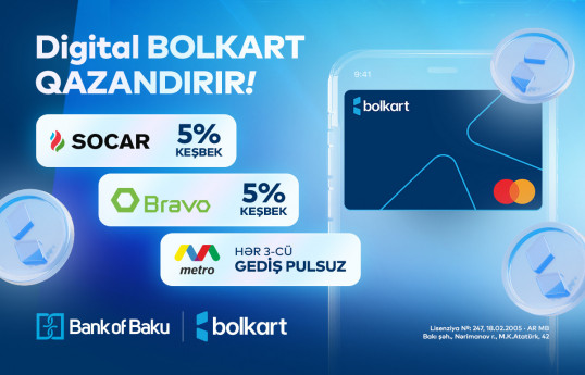 "Bank of Baku"nun Mastercard Digital Bolkart kartı qazandırır - 5% KEŞBEK və PULSUZ GEDİŞLƏR!