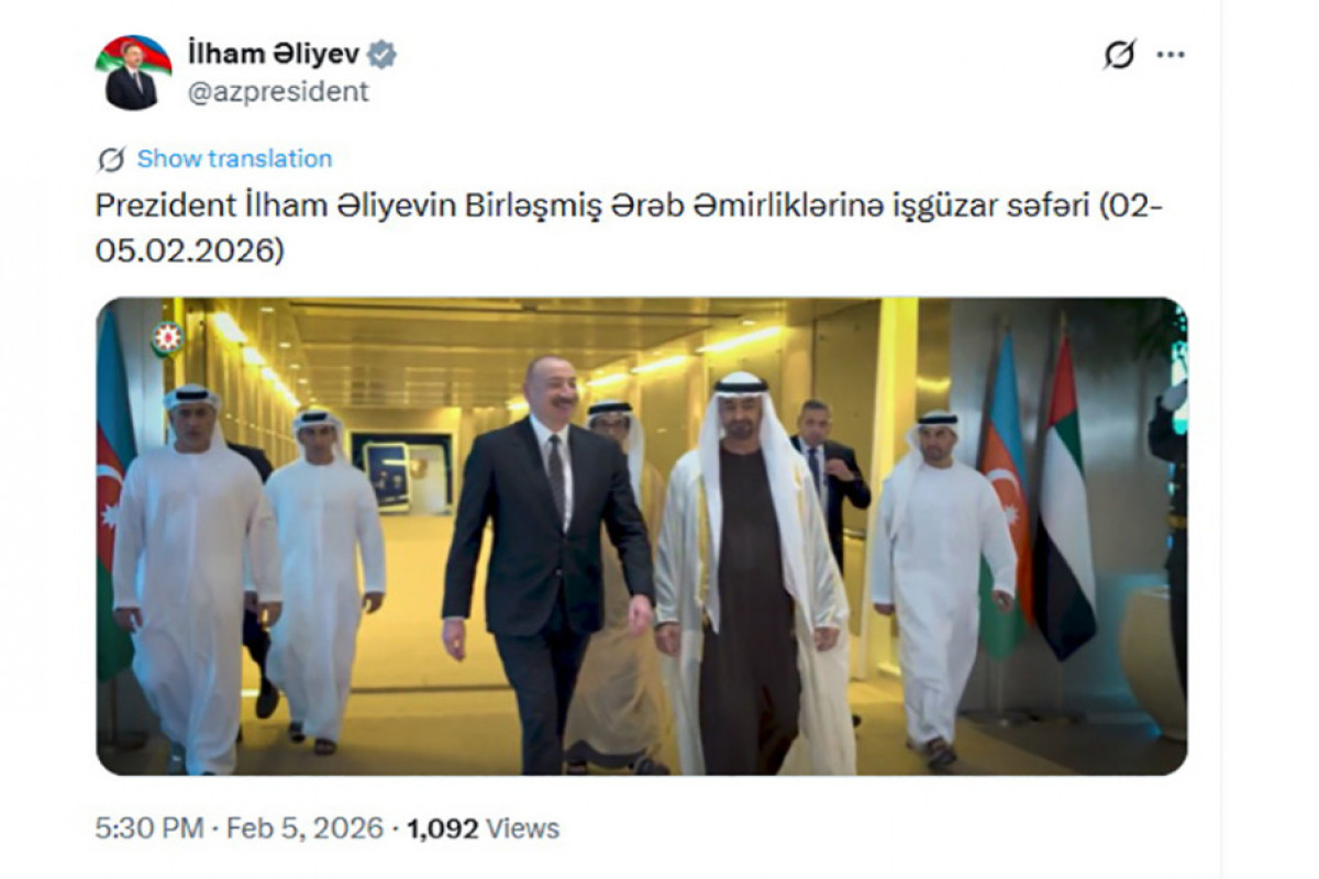 Prezidentin sosial media hesabında BƏƏ-yə işgüzar səfəri ilə bağlı videoçarx paylaşılıb - VİDEO 