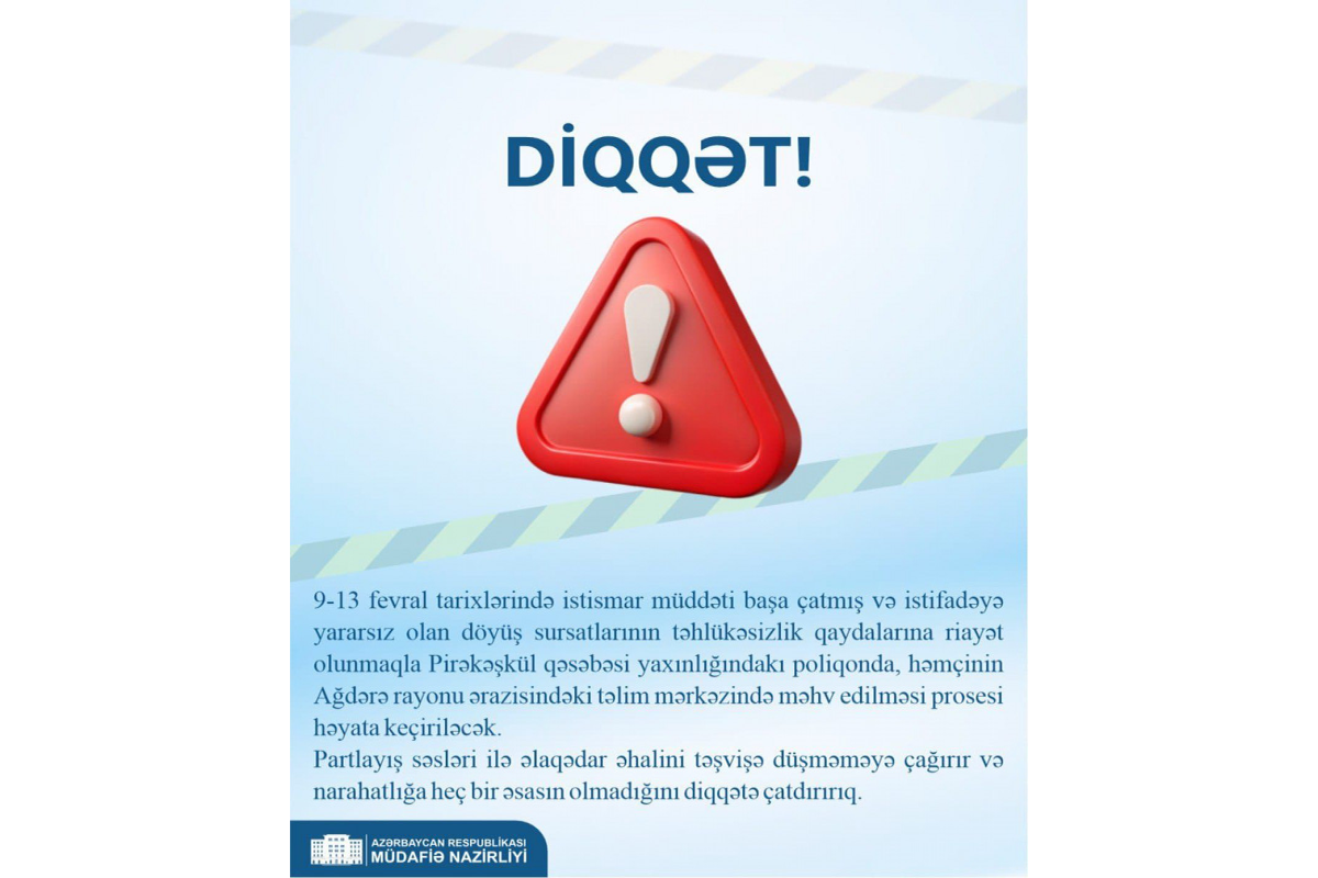 Pirəkəşkül və Ağdərədə istifadəyə yararsız döyüş sursatları məhv ediləcək
