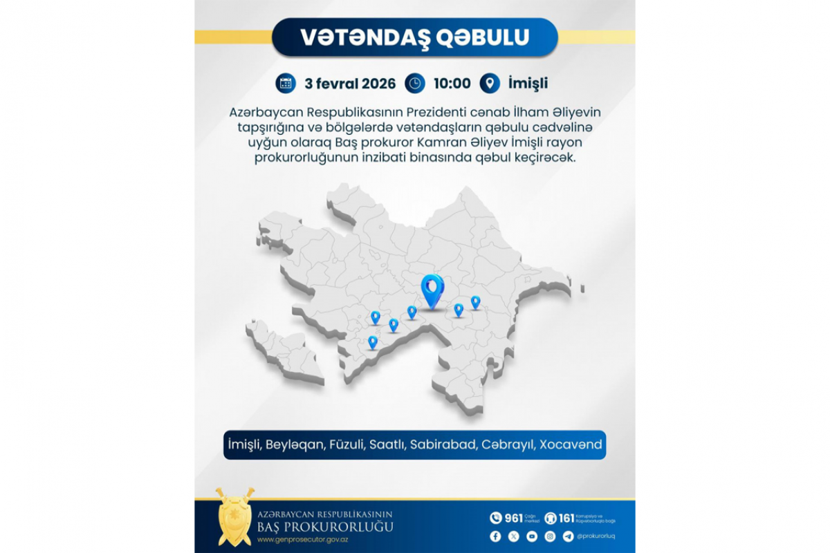 Baş prokuror İmişlidə vətəndaşları qəbul edəcək