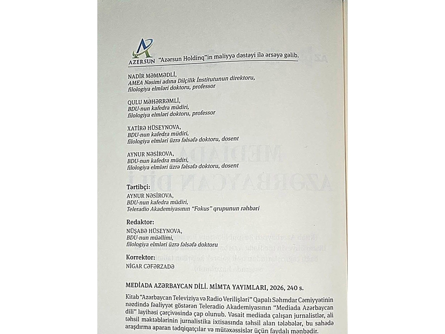“Azərsun Holdinq”in dəstəyi ilə “Mediada Azərbaycan dili” kitabı nəşr olunub