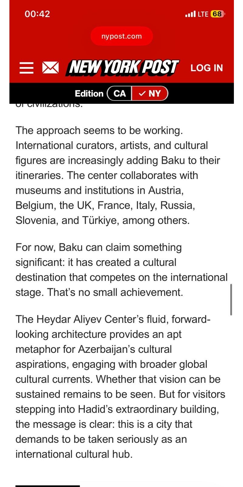 “New York Post”: Heydər Əliyev Mərkəzi beynəlxalq incəsənət mərkəzinə çevrilib