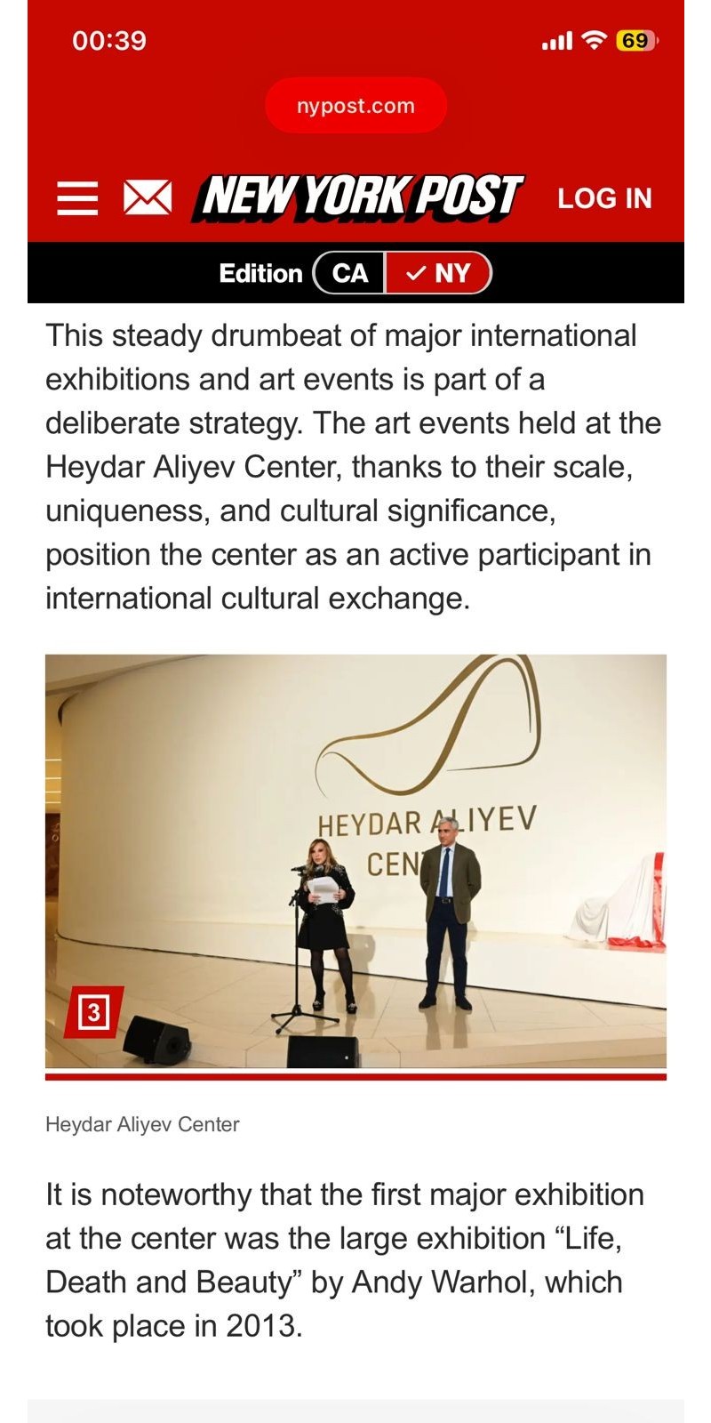 “New York Post”: Heydər Əliyev Mərkəzi beynəlxalq incəsənət mərkəzinə çevrilib