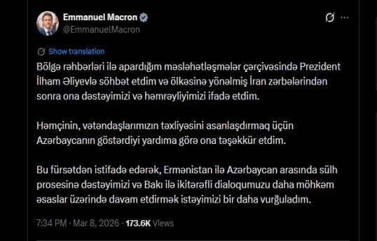 Fransa prezidenti Azərbaycan dilində paylaşım edib
